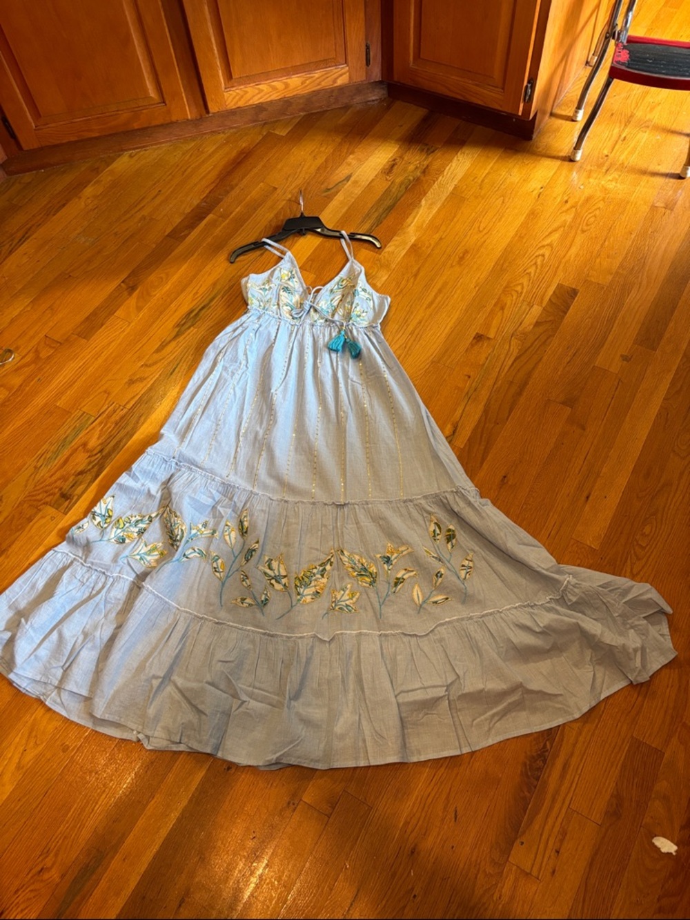 POL Light Blue Embroidered Maxi Dress with Tassel Tie and Sequin detail Women
